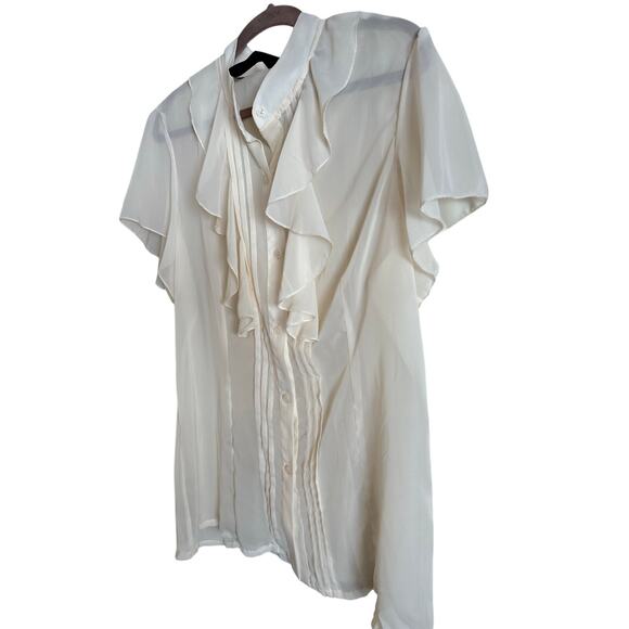 Norma Kamali Women’s Ivory Sheer Georgette Ruffle Blouse Size XL Short Sleeve - Picture 4 of 6